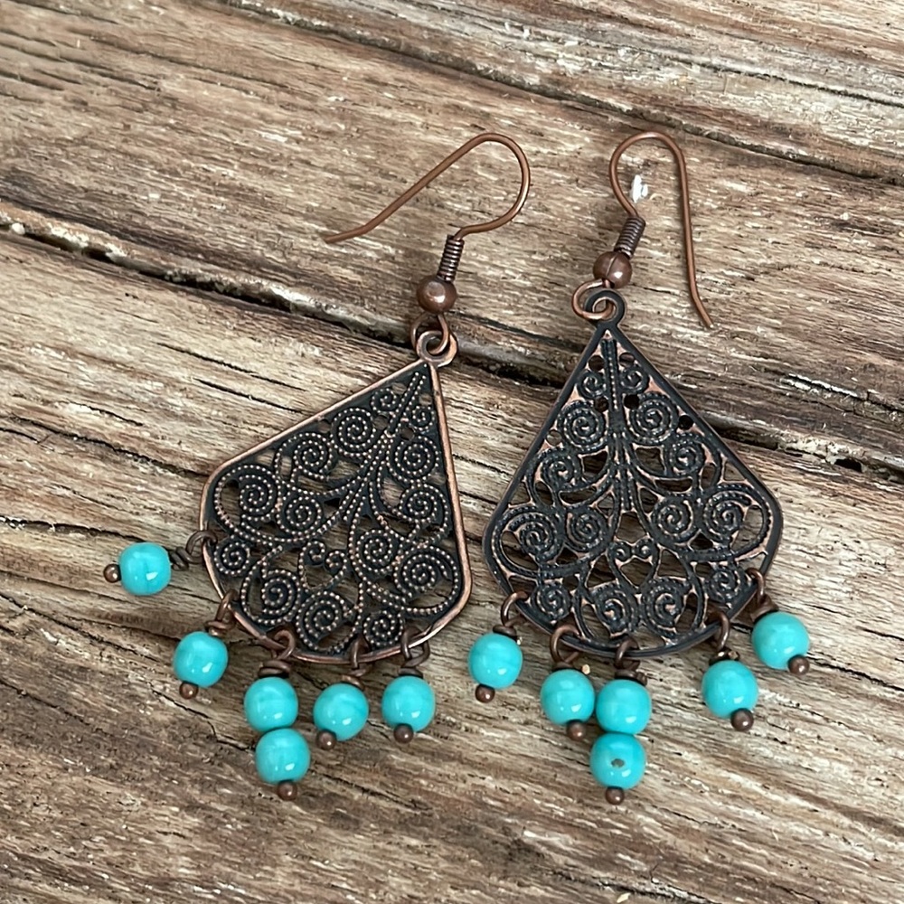 Anthropologie Artisan Organic Copper Tone Turquoise Bead Chandelier Earrings